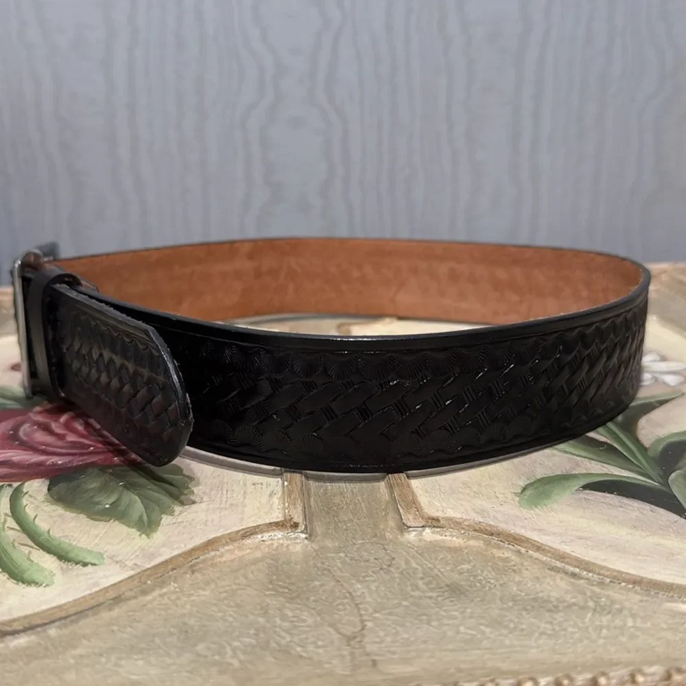 Dutyman 1621 Basketweave Leather Garrison Belt Black Silver Tone Buckle 30 NWOT
